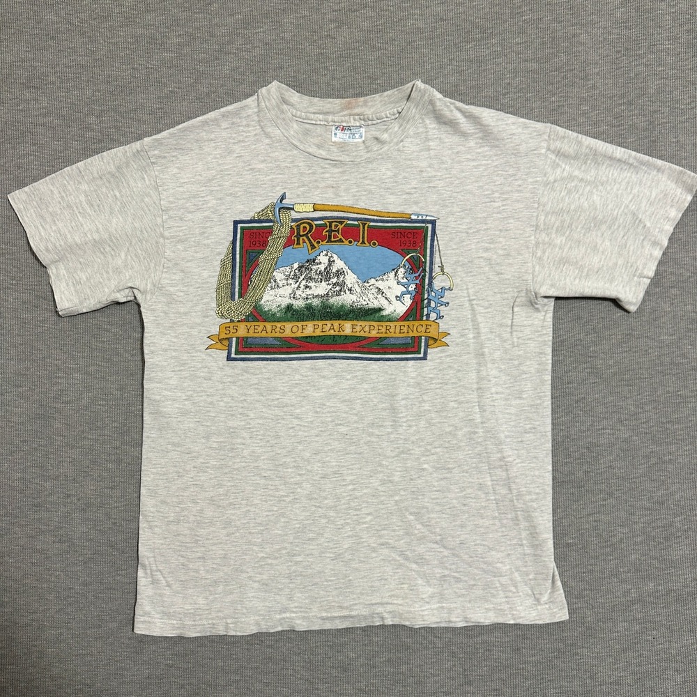Vintage 90s REI 55 Years of Peak Experience Hanes Beefy T Shirt Gray Medium